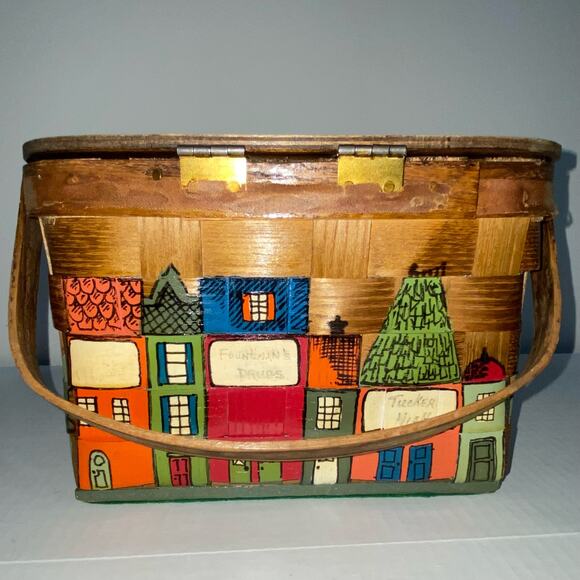 COFER’S Atlanta Handpainted Woven Wooden Basket Purse Fabric Lined VINTAGE - Picture 7 of 8